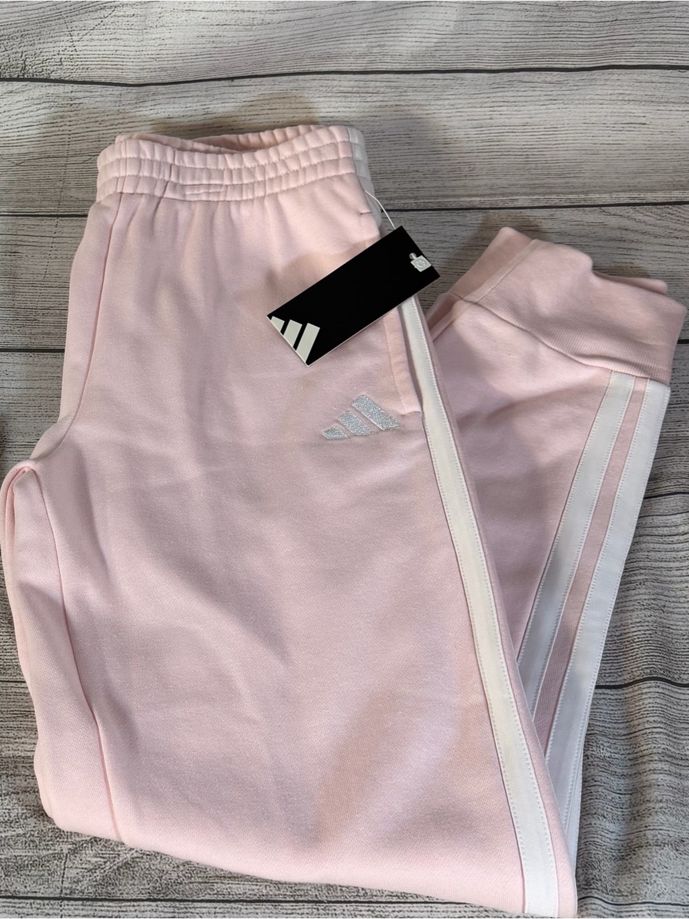 Adidas Girls XL 16 Light Pink Fleece Jogger Pants 3 Stripe Glitter Logo NWT